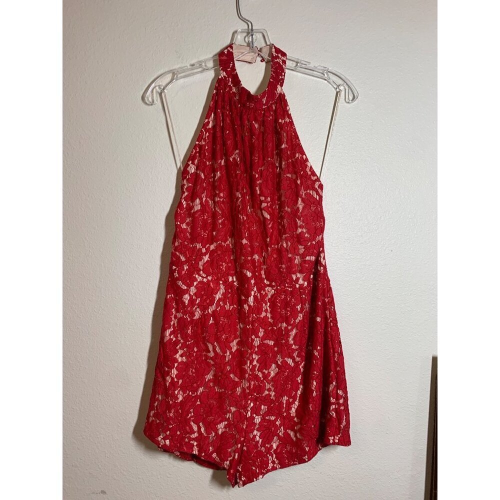 NWT Missguided Lace Romper Lined Sexy Halter Y2K Fancy Shorts Red US 12 UK 16
